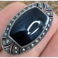 Art Deco Black Onyx Marcasite Sterling Silver 925 Brooch