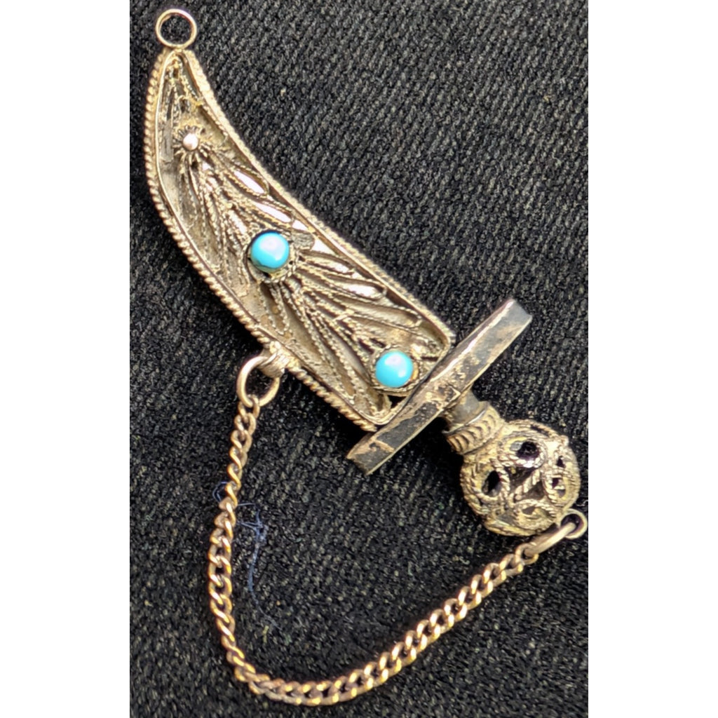 Vintage Filigree Turquoise Dagger Pendant or Brooch Sterling Silver 935 Isreal