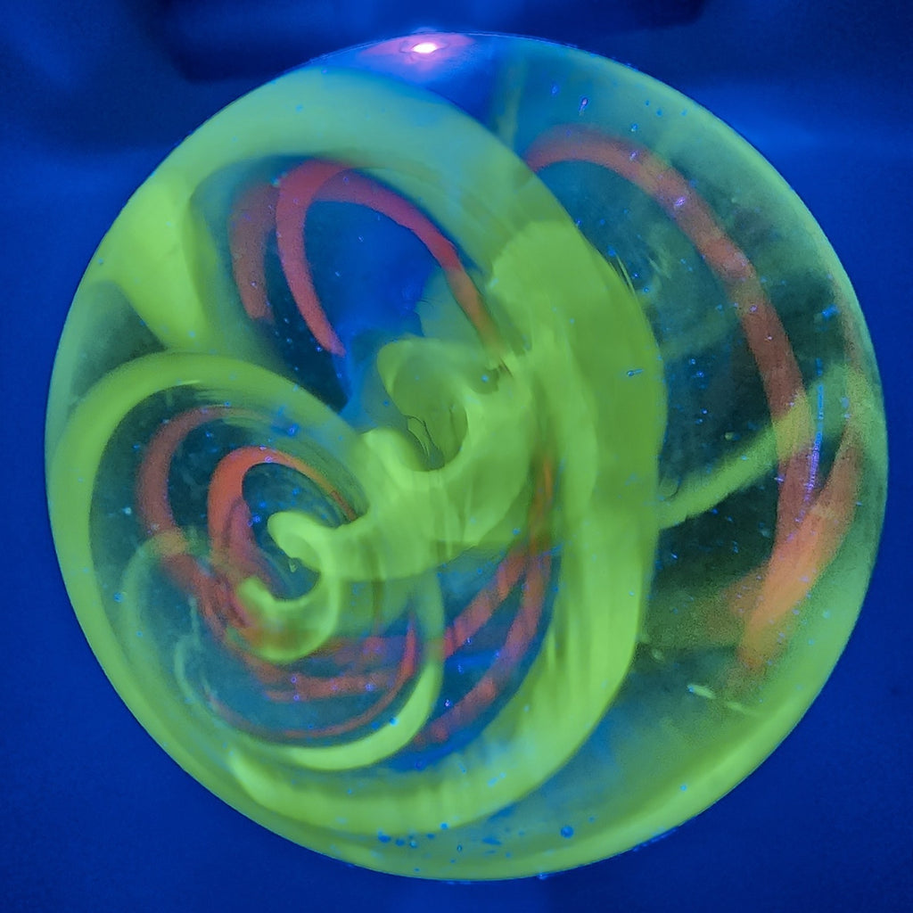 43mm UV Green Double Twist Spiral Borosilicate Marble Signed Eddie Seese 2015