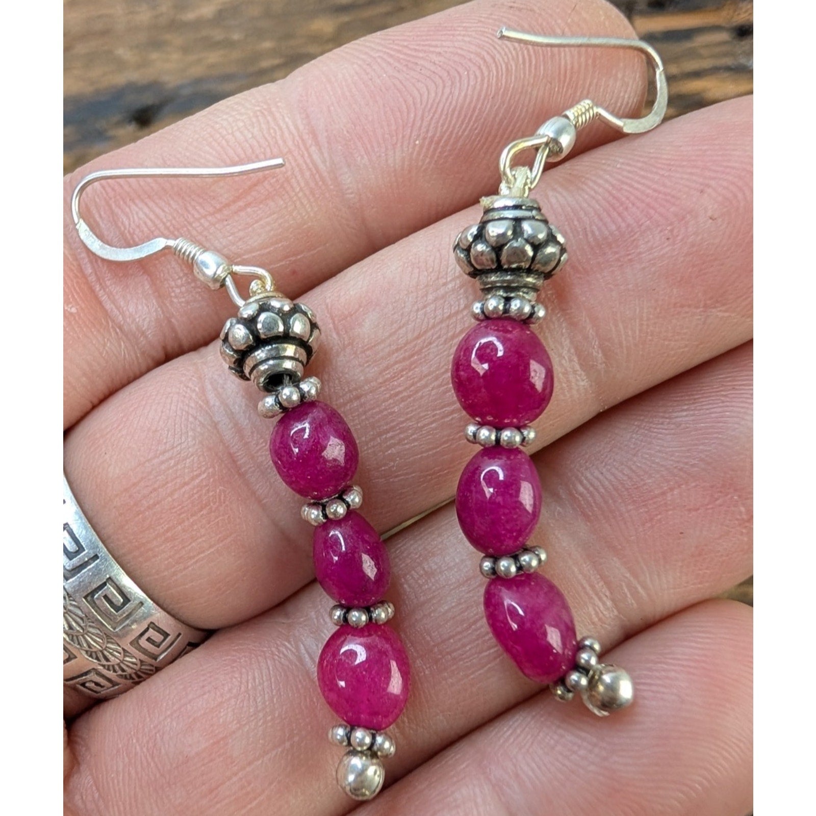 Vintage Pink Gemstone Dangle Sterling Silver 925 Earrings