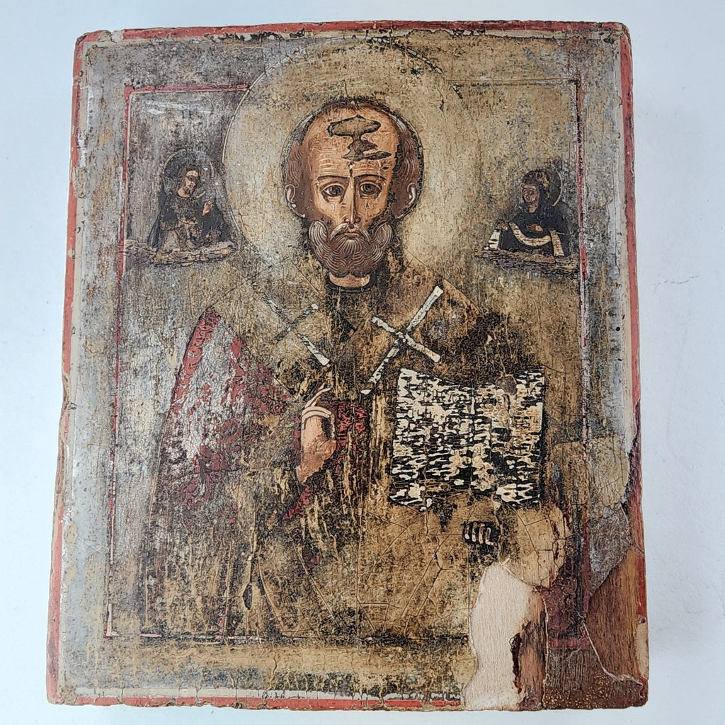 19th C Russian Icon of St Nicholas the Wonderworker Hand Painted Travel Size
