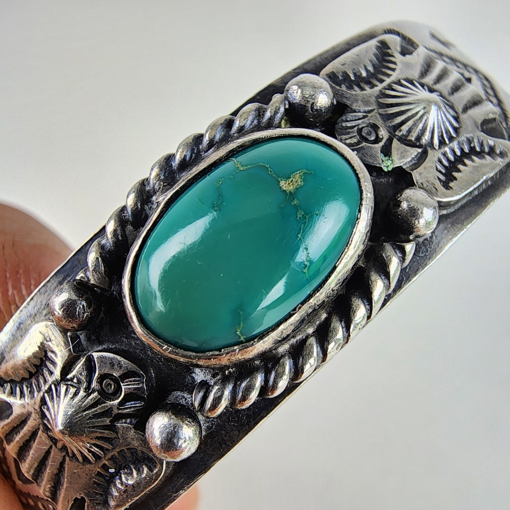 6 1/2" Fred Harvey Era Eagle Turquoise Sterling Silver 925 Cuff Bracelet Native