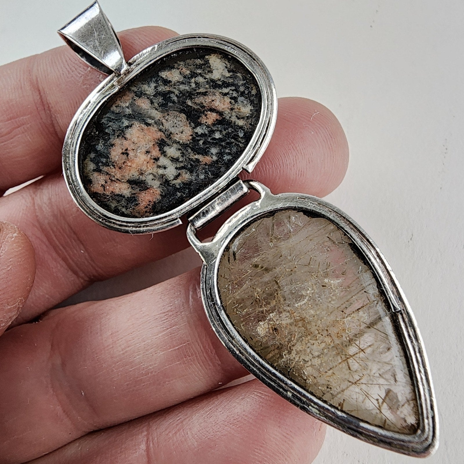 Rutilated Quartz & Rhodochrosite Sterling Silver 925 Vintage Articulated Pendant