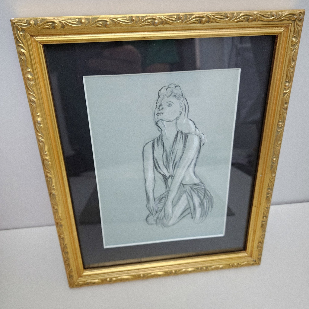 1945 Pair of PinUp Charcoal Pencil Sketches Female Figure Portrait Gold Frame