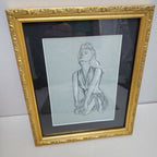 1945 Pair of PinUp Charcoal Pencil Sketches Female Figure Portrait Gold Frame