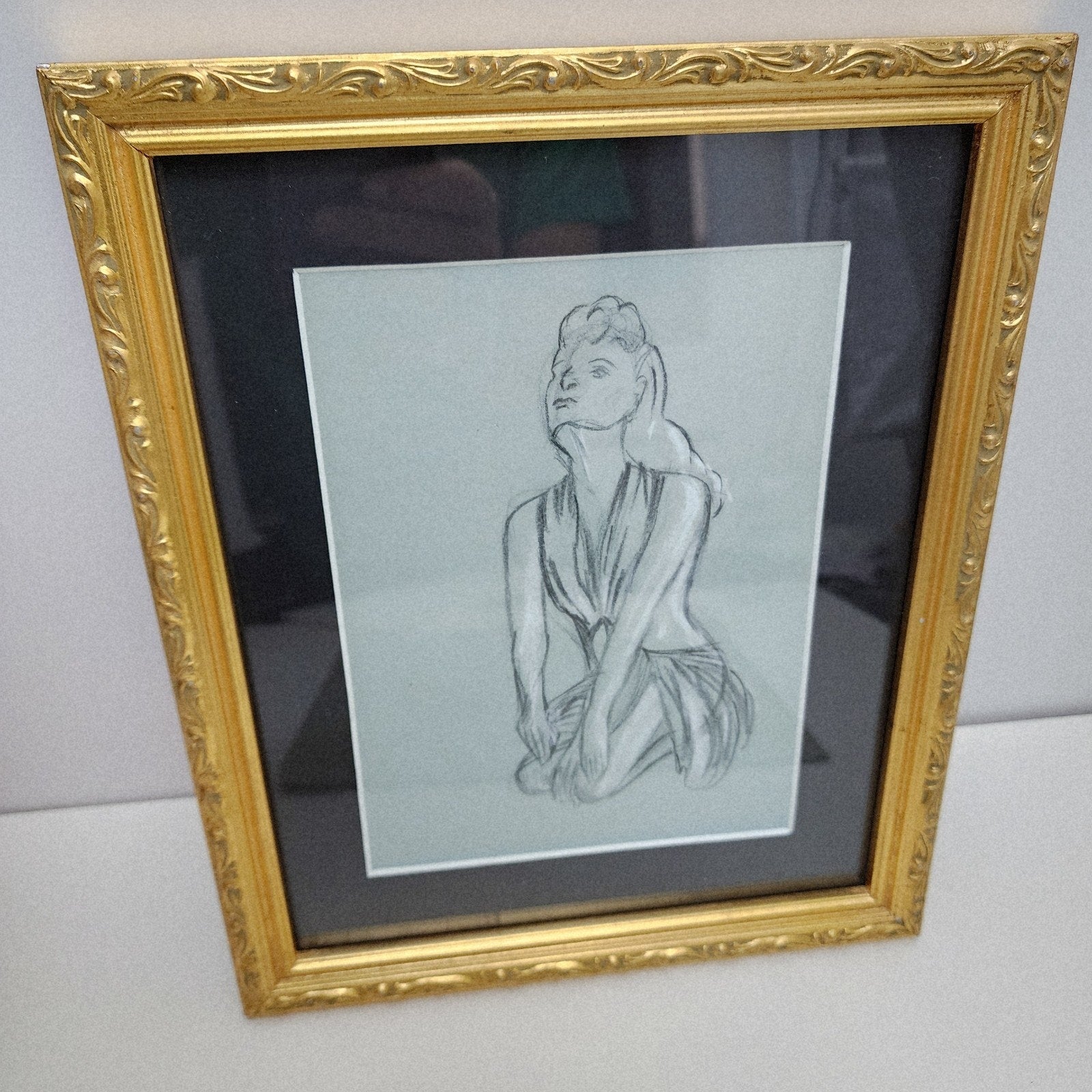 1945 Pair of PinUp Charcoal Pencil Sketches Female Figure Portrait Gold Frame