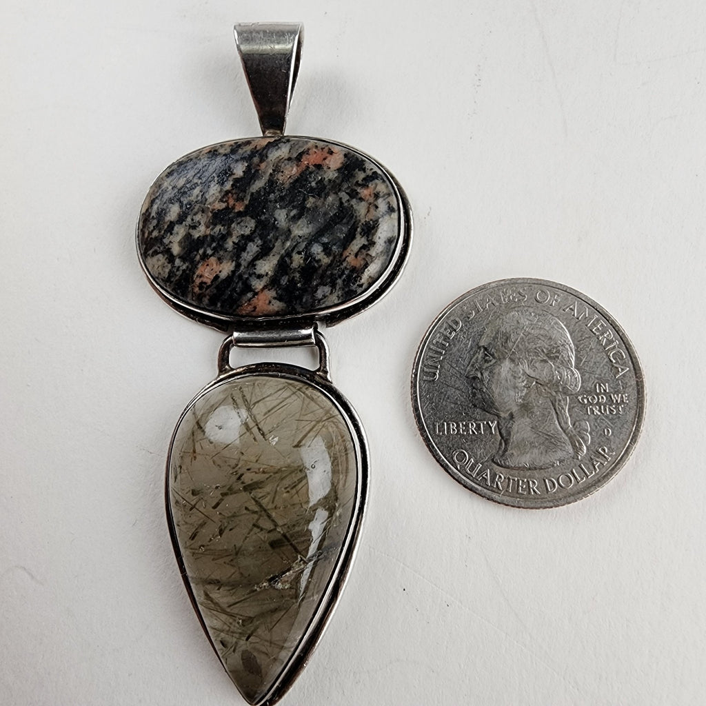Rutilated Quartz & Rhodochrosite Sterling Silver 925 Vintage Articulated Pendant