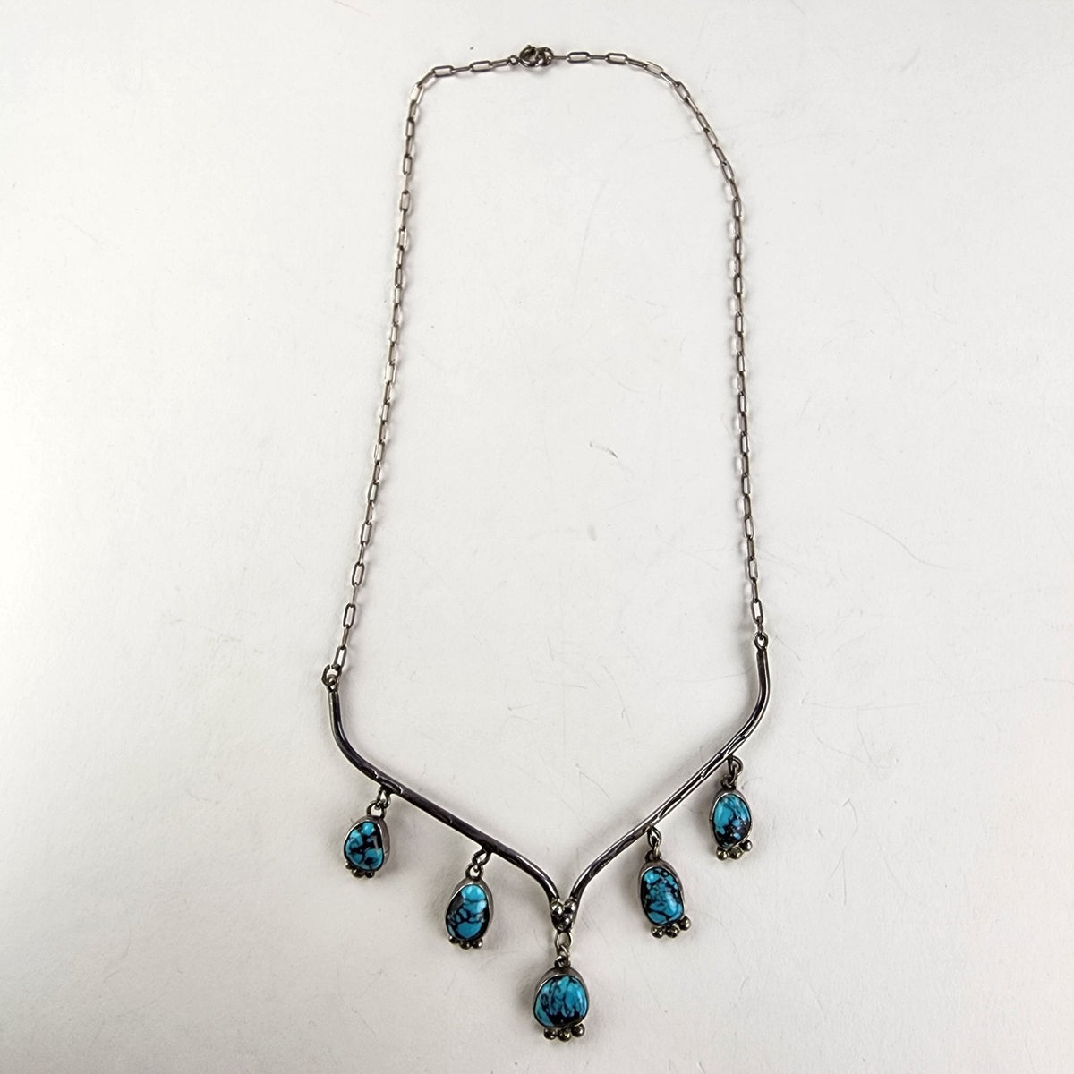20" Turquoise Drop Native Collar Necklace Sterling Silver 925 Navajo Stamped