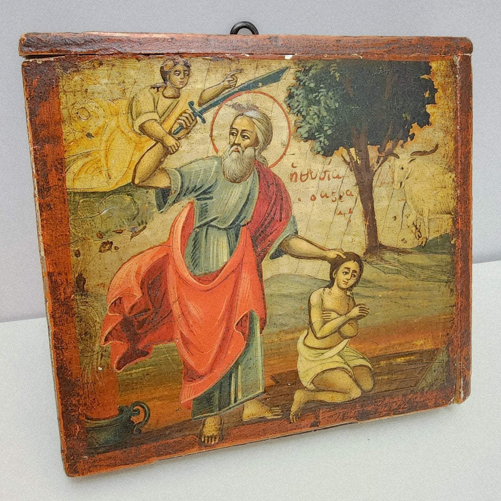 18c Sacrifice of Abraham Greek Icon Antique Hand Painted Isaac & Ram Unrestored