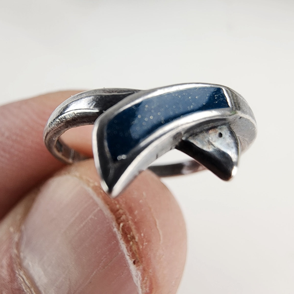 Vintage Blue Enamel Ribbon Crossover Ring Size 5 1/2 in Sterling Silver 925