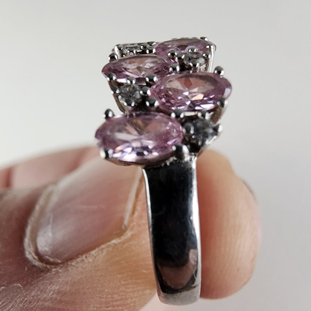 Pink & Clear Pave Cocktail Ring Size 7 in Sterling Silver 925 Vintage