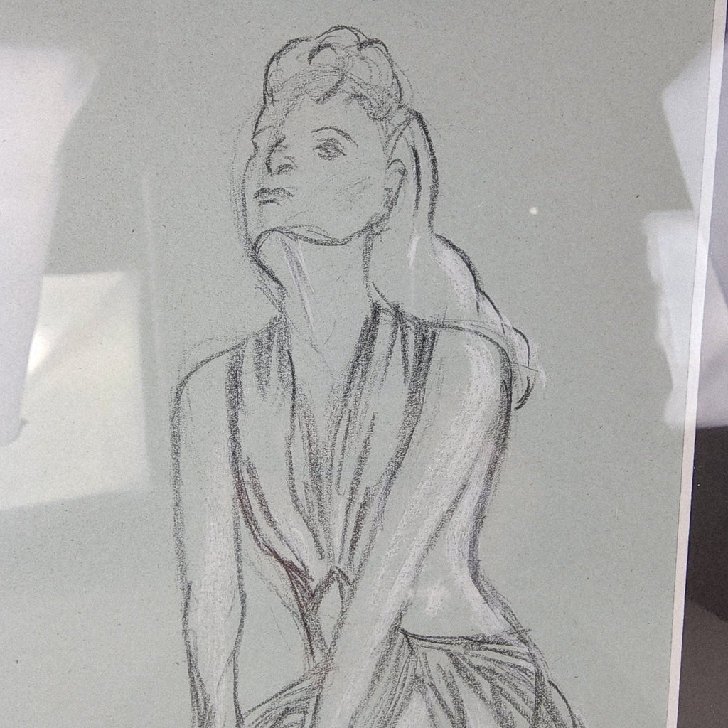 1945 Pair of PinUp Charcoal Pencil Sketches Female Figure Portrait Gold Frame