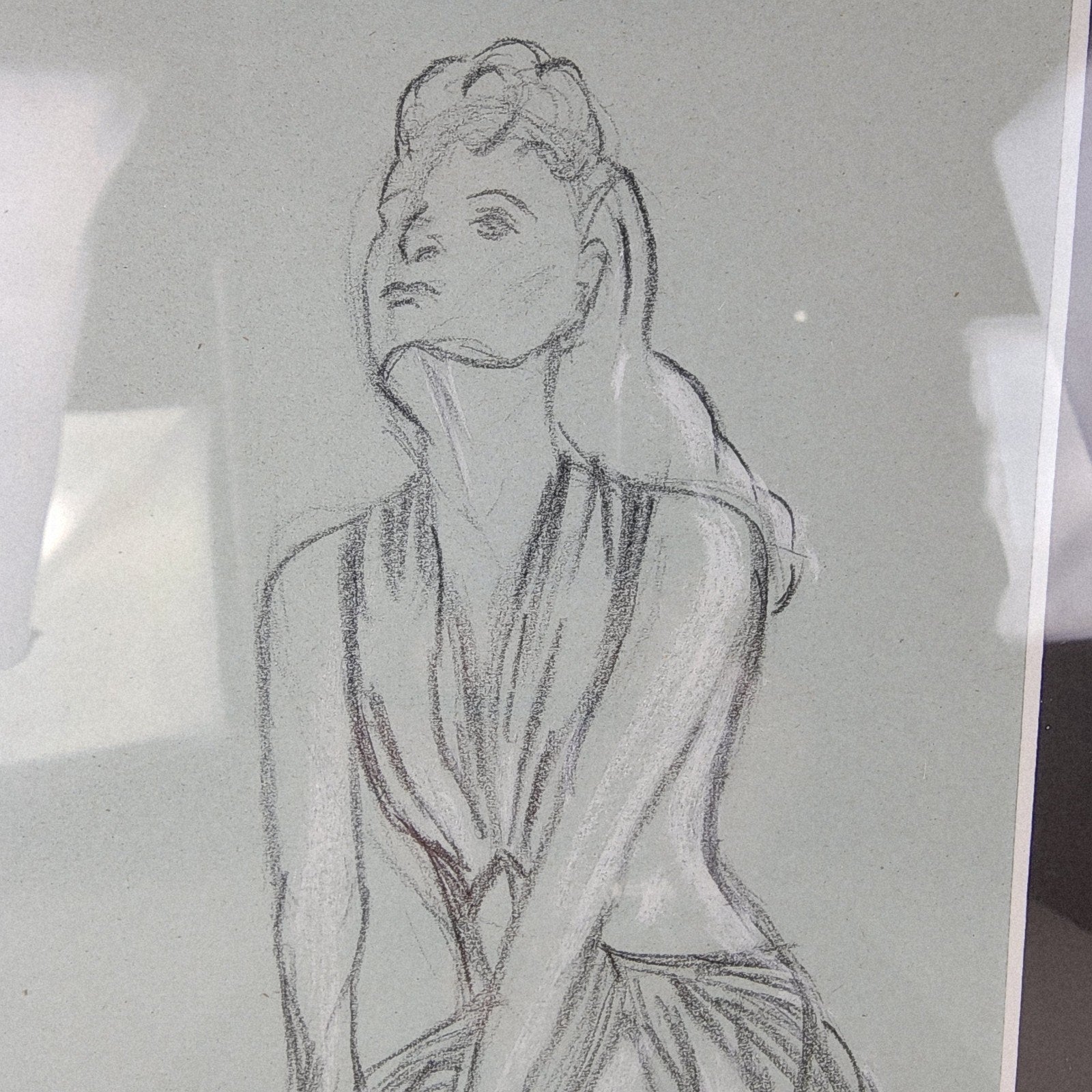 1945 Pair of PinUp Charcoal Pencil Sketches Female Figure Portrait Gold Frame