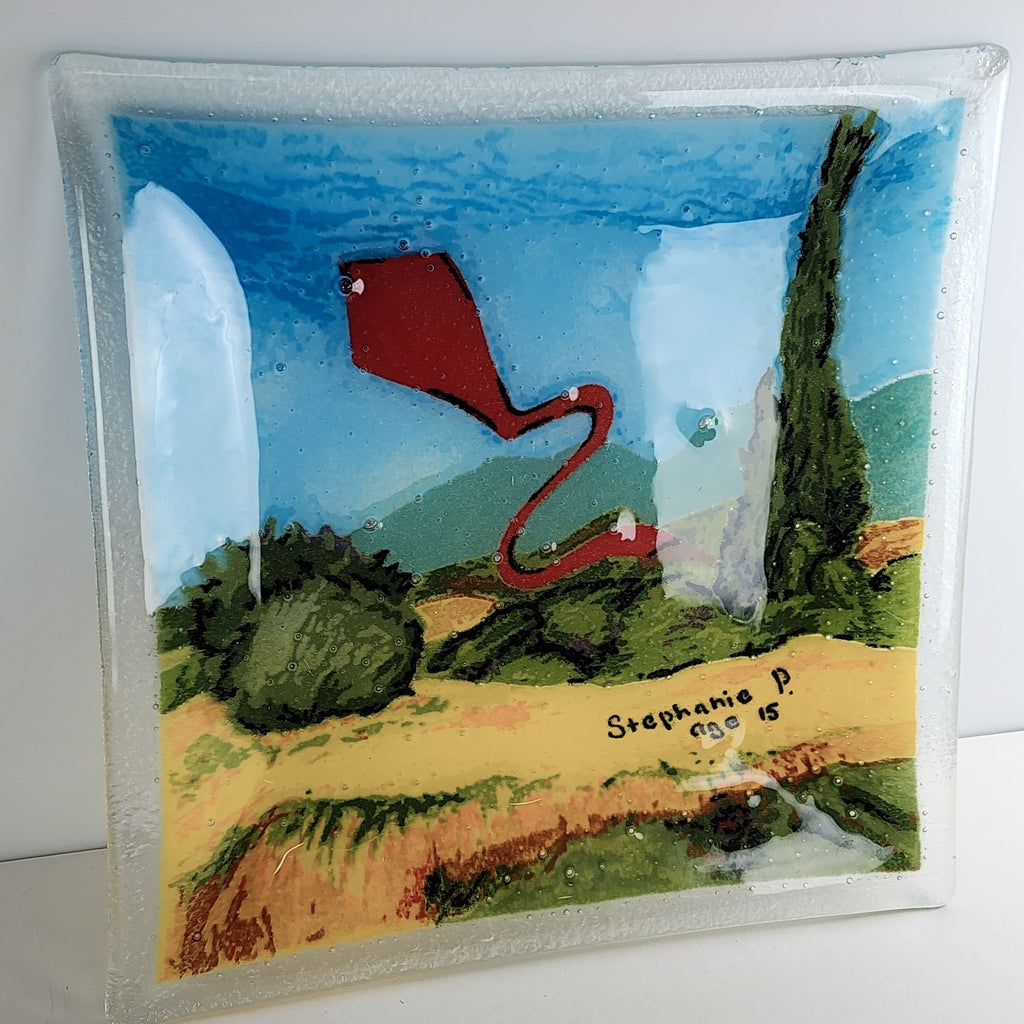Fused Glass Plate with Red Kite by Youth Artist Stephanie P