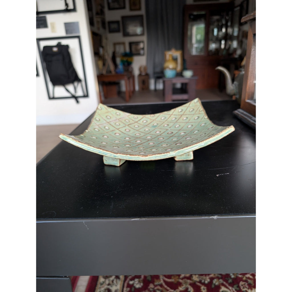 Signed Footed Studio Ceramic Dimpled Trivet MCM Dish
