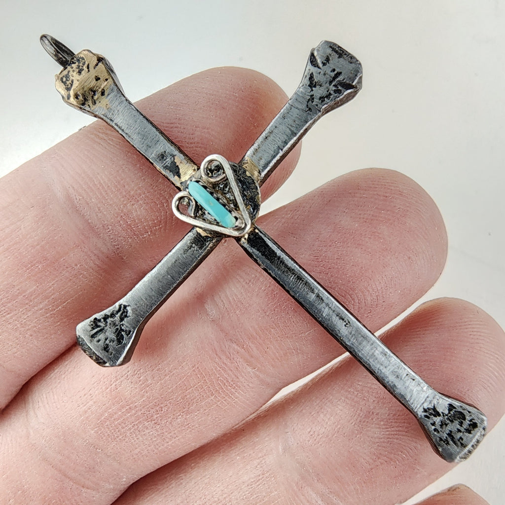 Native Horseshoe Nail Turquoise Cross Sterling Silver 925 & Steel Pendant