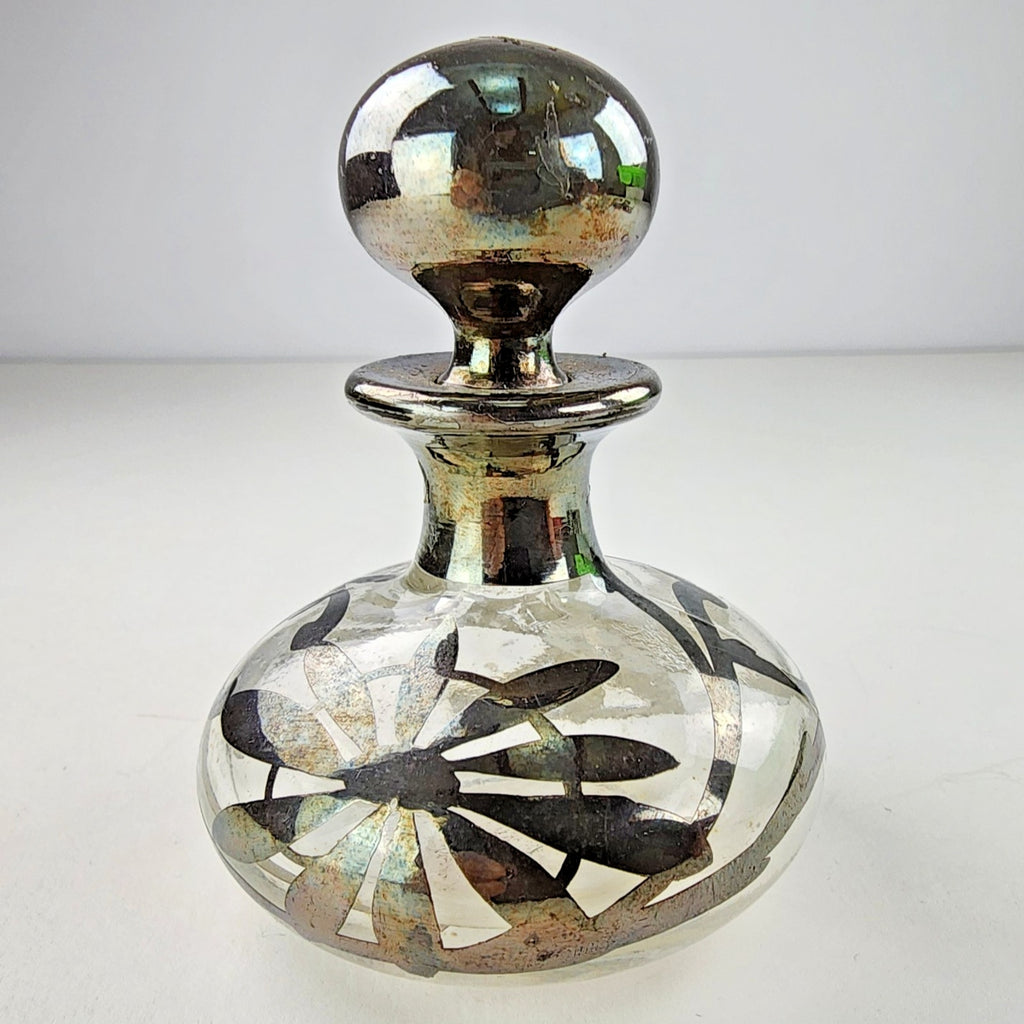 Art Nouveau Sterling Silver Overlay Glass Perfume Bottle with Stopper