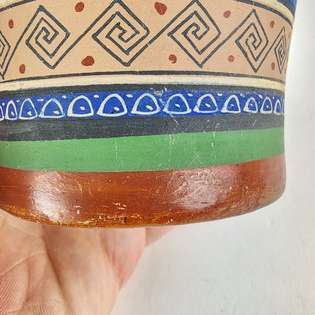 1930's Ladislao Ortega Polychrome Handled Basket Clay Painted Mexican Pottery