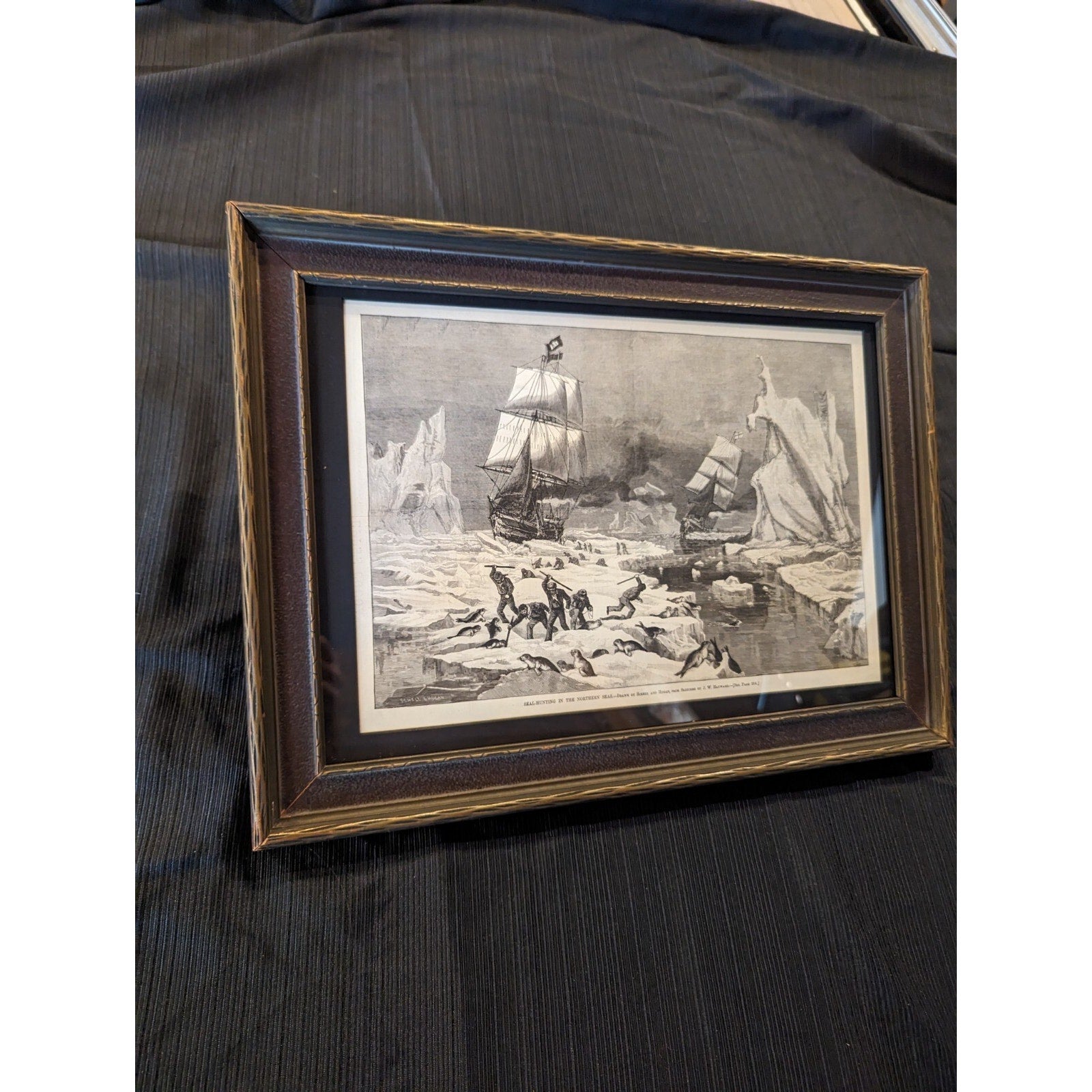 Framed 1881 Seal Hunt Print from Harpers Weekly Victorian Artwork Black & White