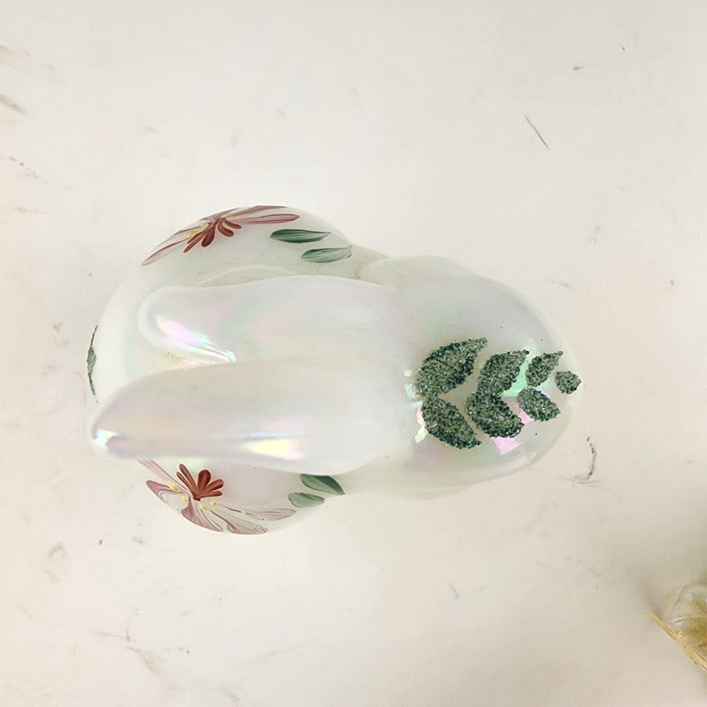 Iridescent Hand Painted Fenton Bunny Rabbit Signed Floral Decorated Art Glass