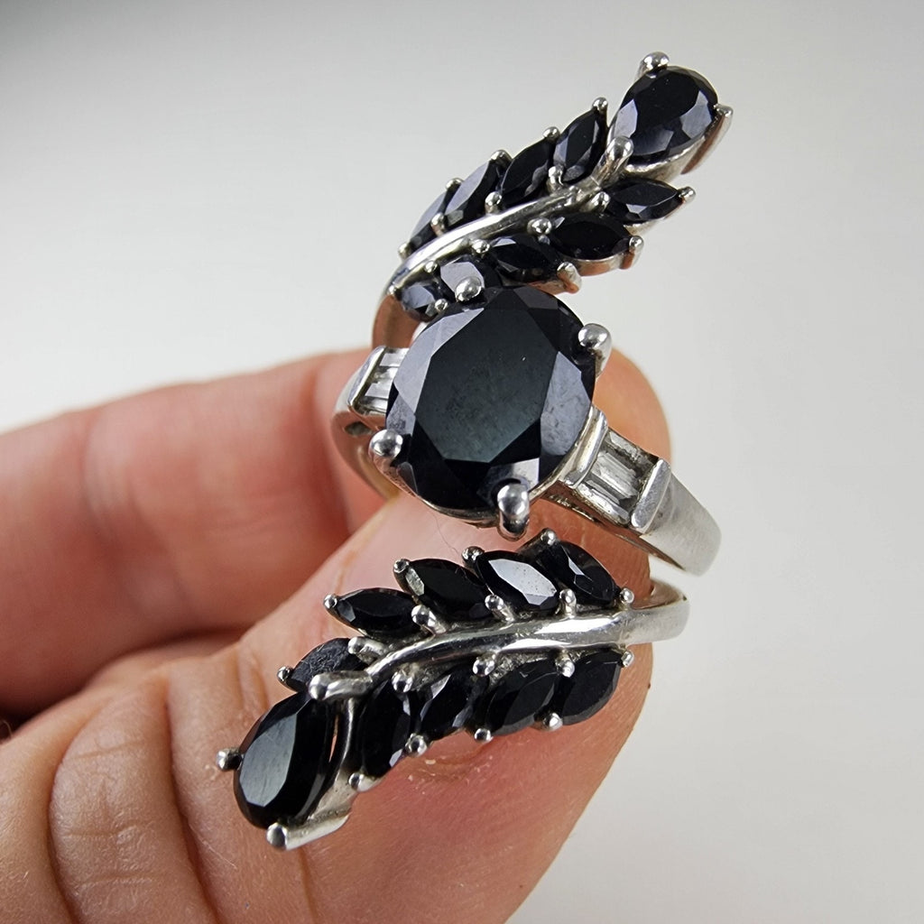 Sapphire Cluster Bypass Ring Size 7 1/2 Sterling Silver 925 Vintage
