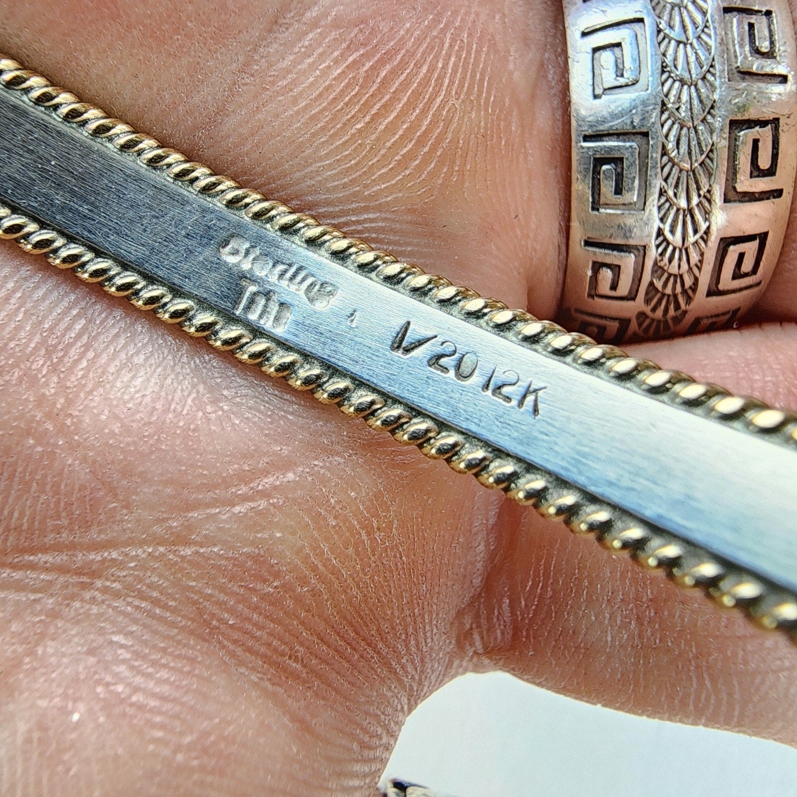 12K Yellow Gold & Sterling Silver 925 Bangle Bracelet by Native Navajo Tahe 2.5"