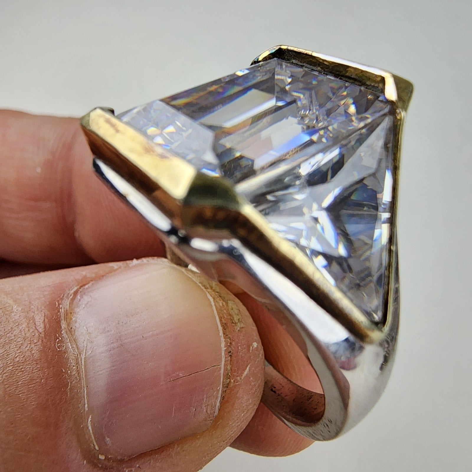Bold Emerald & Trillion Cut Cocktail Ring Size 9 1/2 Sterling Silver 925 Vintage
