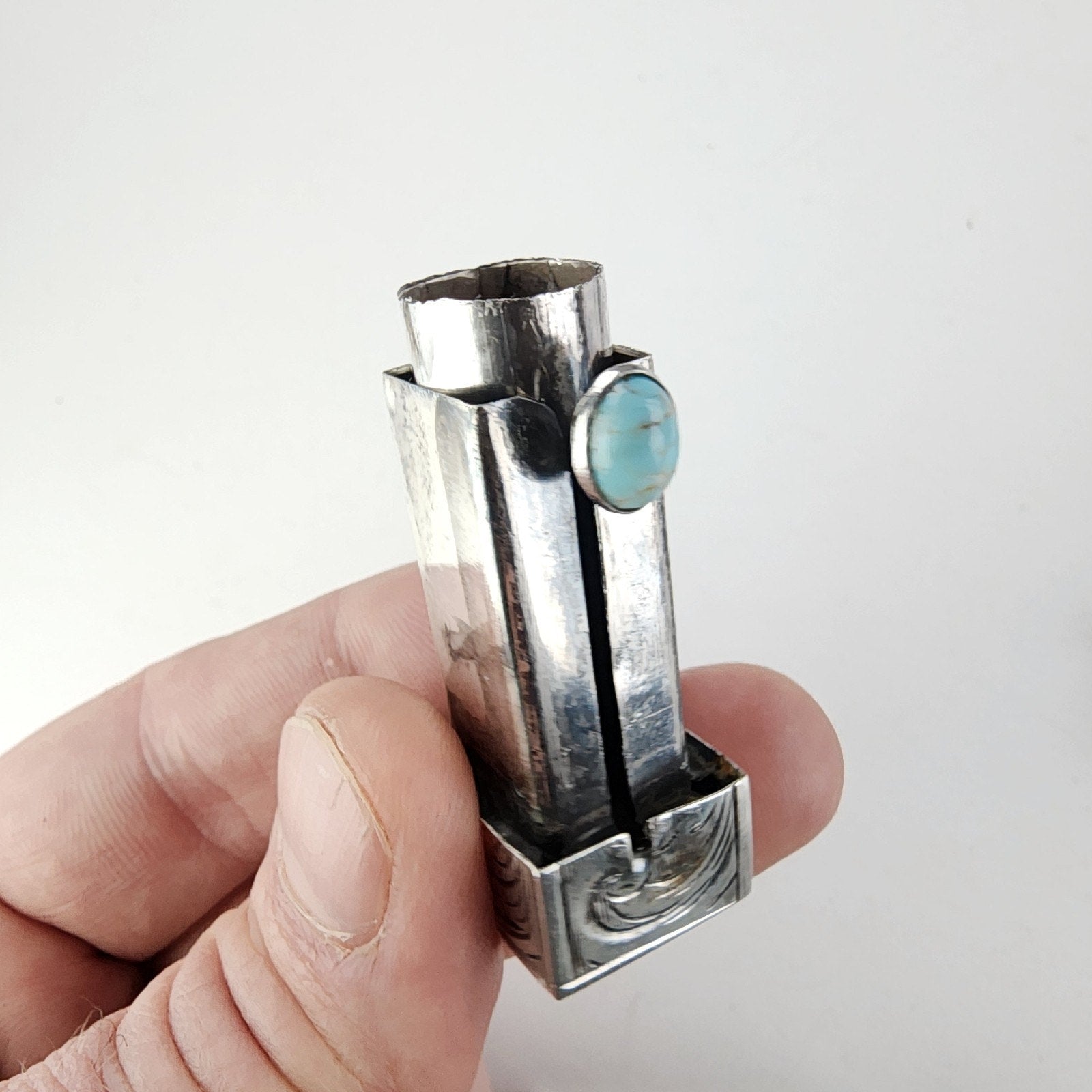 Etched Turquoise Accentt 800 Silver Lipstick Container with Mirror Italy Antique