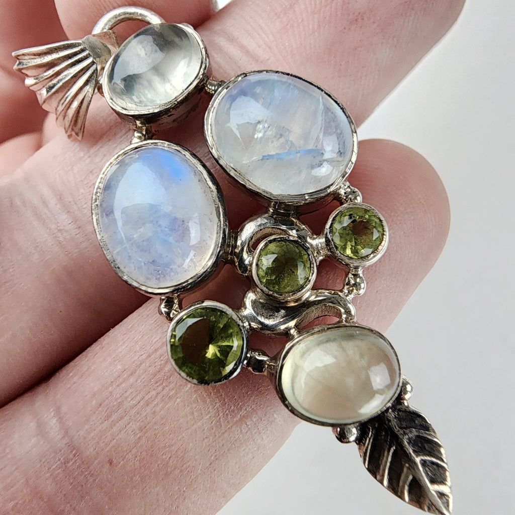 Rainbow Moonstone & Peridot Sterling Silver 925 Pendant Vintage
