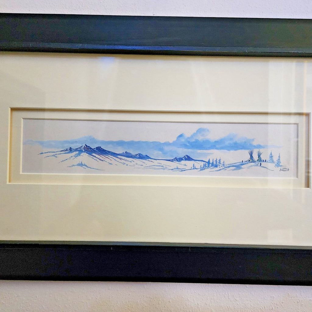 Tonalist Winter Mountain Landscape Scene Watercolor Painting by J Malkin