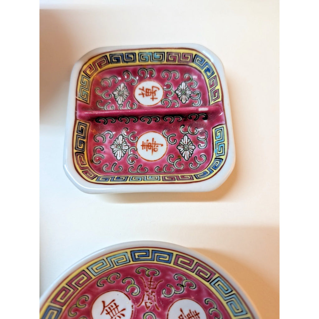 Chinese Famille Rose Mun Shou Porcelain Longevity 7 Piece Vanity Set MCM