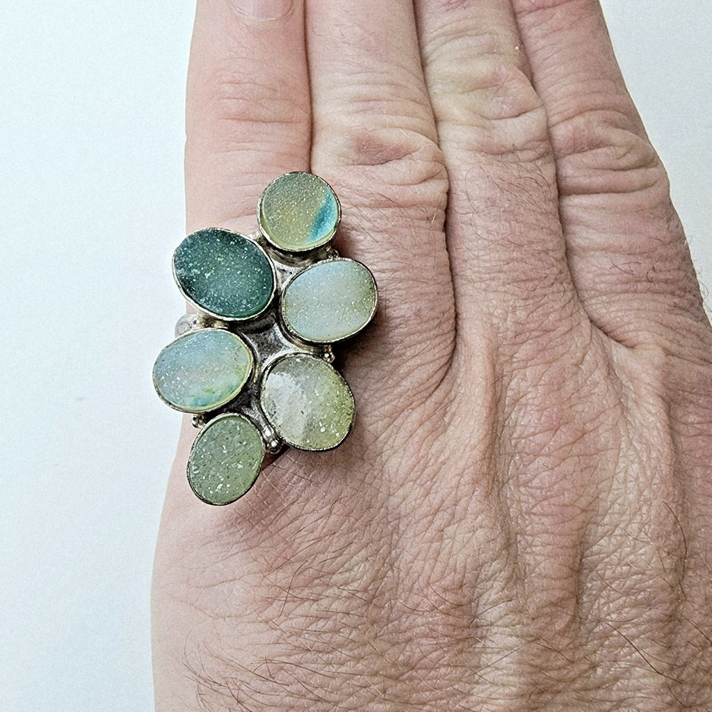 Green Druzy Cluster Ring Size 9 1/2 Sterling Silver 925 Vintage