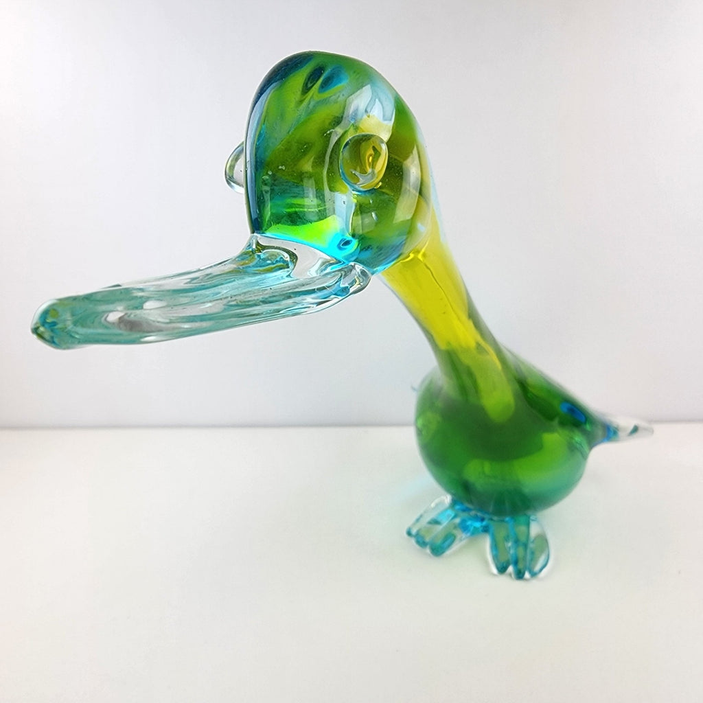 14" Murano Art Glass Duck Handmade Green Yellow Blue Bird Animal
