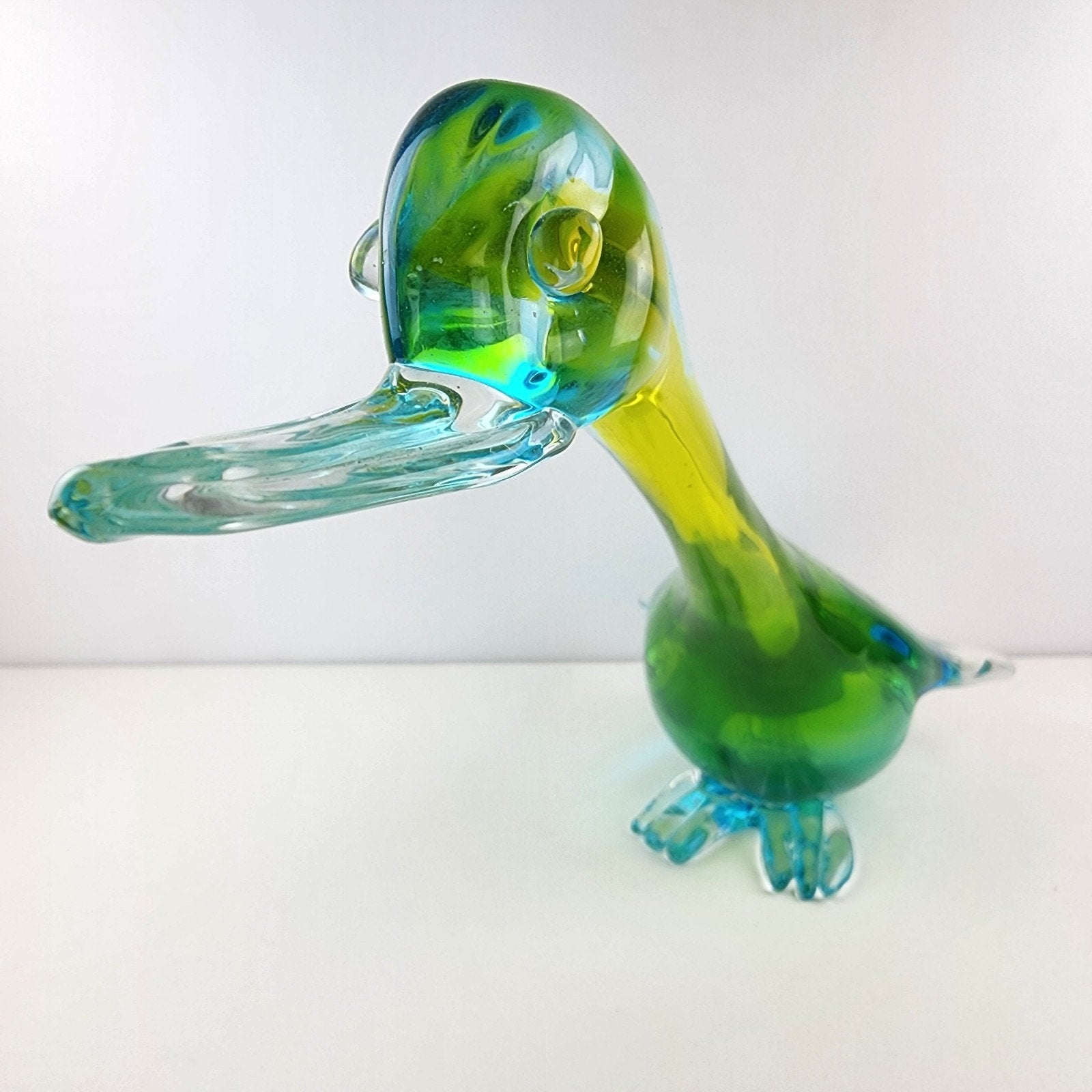 14" Murano Art Glass Duck Handmade Green Yellow Blue Bird Animal