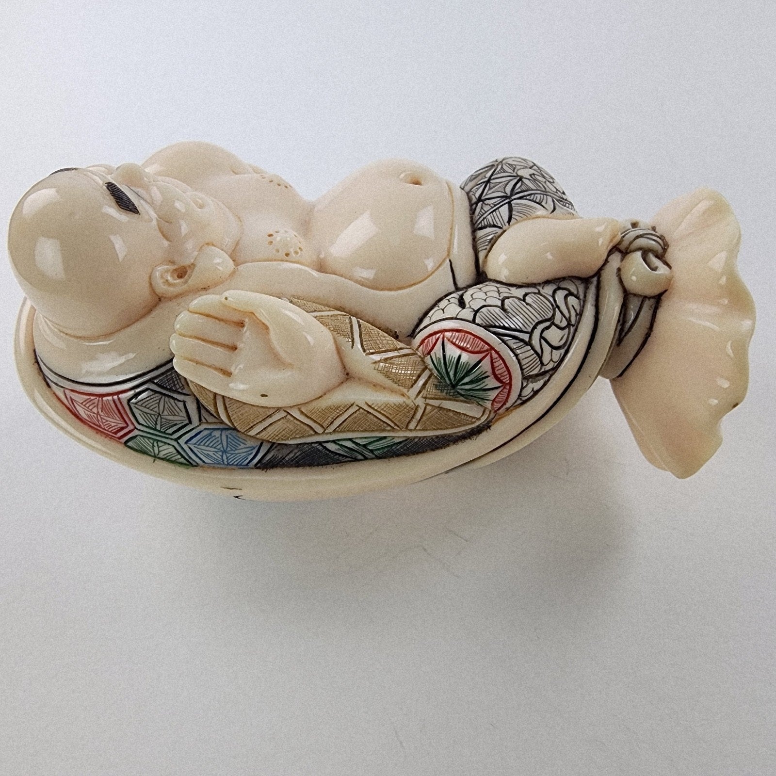 Chinese Happy Smiling Buddha in Shell Resin Decorated Figure Vintage