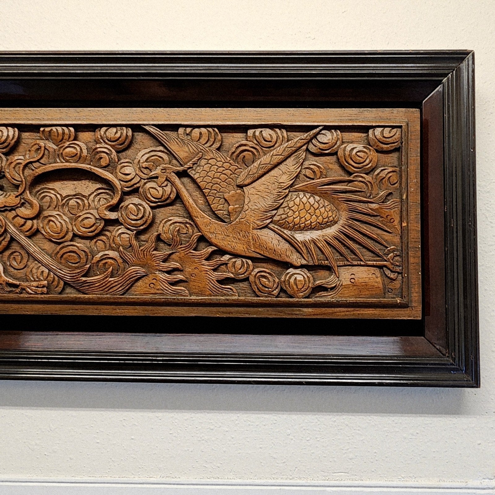 Qing Chinese Ruyi Dragon and Phoenix Prosperity Wood Carved Panel Framed Antique