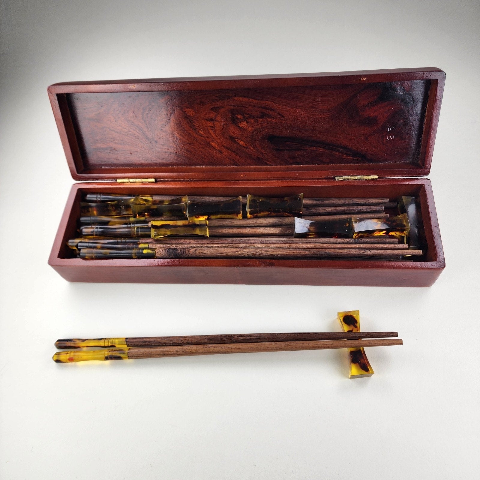 Chinese Chopstick Set of 10 in Mother of Pearl Inlay Lacquer Box with Rests