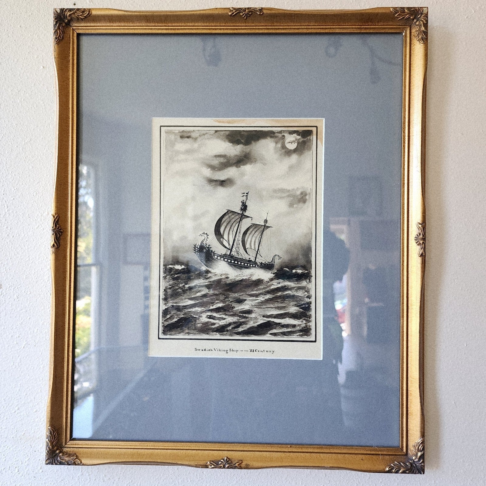 1933 Andoll Anderson Swedish Viking Ship Gouache Framed Painting