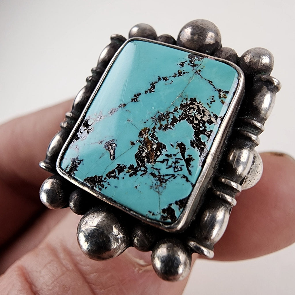 Sterling Silver 925 Turquoise Statement Ring Size 8 1/2 Vintage 17g