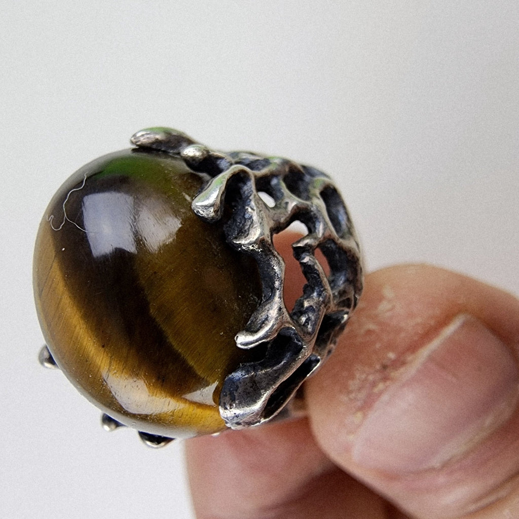 Brutalist Tigers Eye Cabochon Taxco Ring Size 8 by Mateo Sterling Silver 950 925