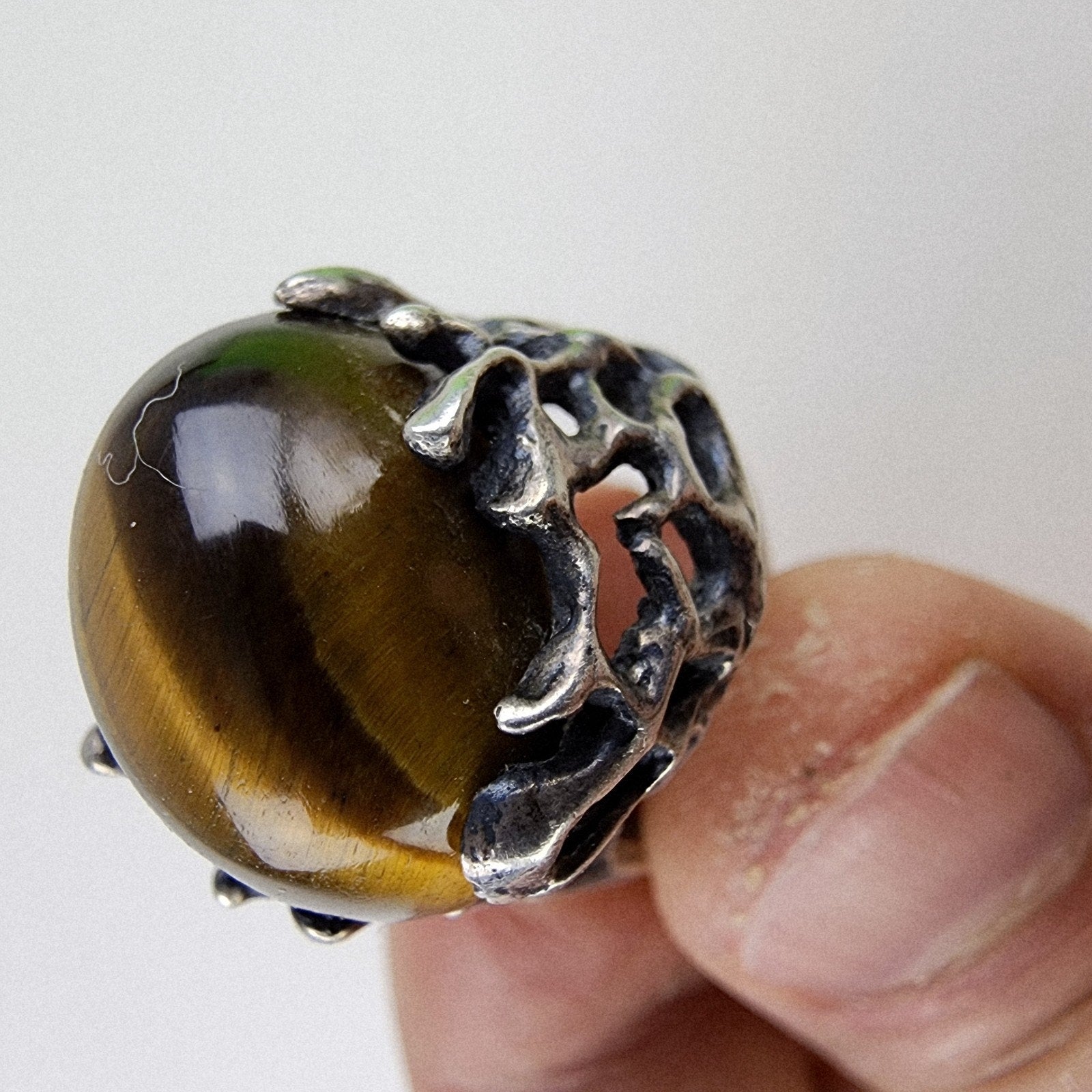 Brutalist Tigers Eye Cabochon Taxco Ring Size 8 by Mateo Sterling Silver 950 925