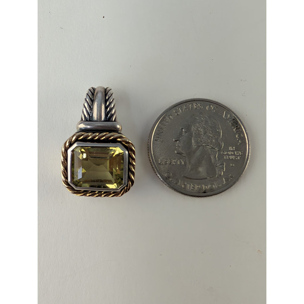 14K Yellow Gold Lemon Quartz Sterling Silver 925 Emerald Cut Vintage 5ct Pendant