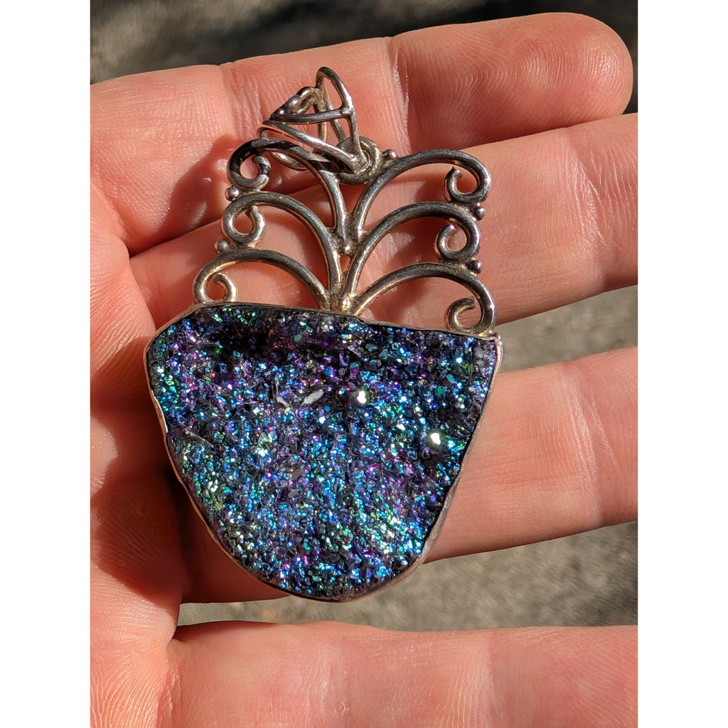 Peacock Druzy Pendant Sterling Silver 925 Rainbow Oil Slick Color