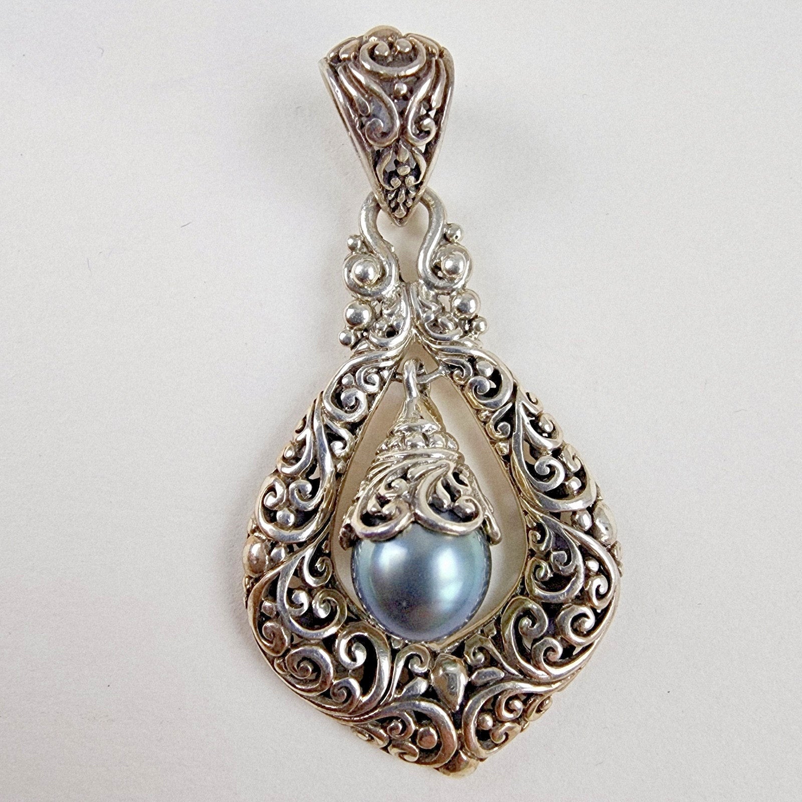 Sarda Black Pearl Dangle Designer Pendant Sterling Silver 925 Vintage Bali