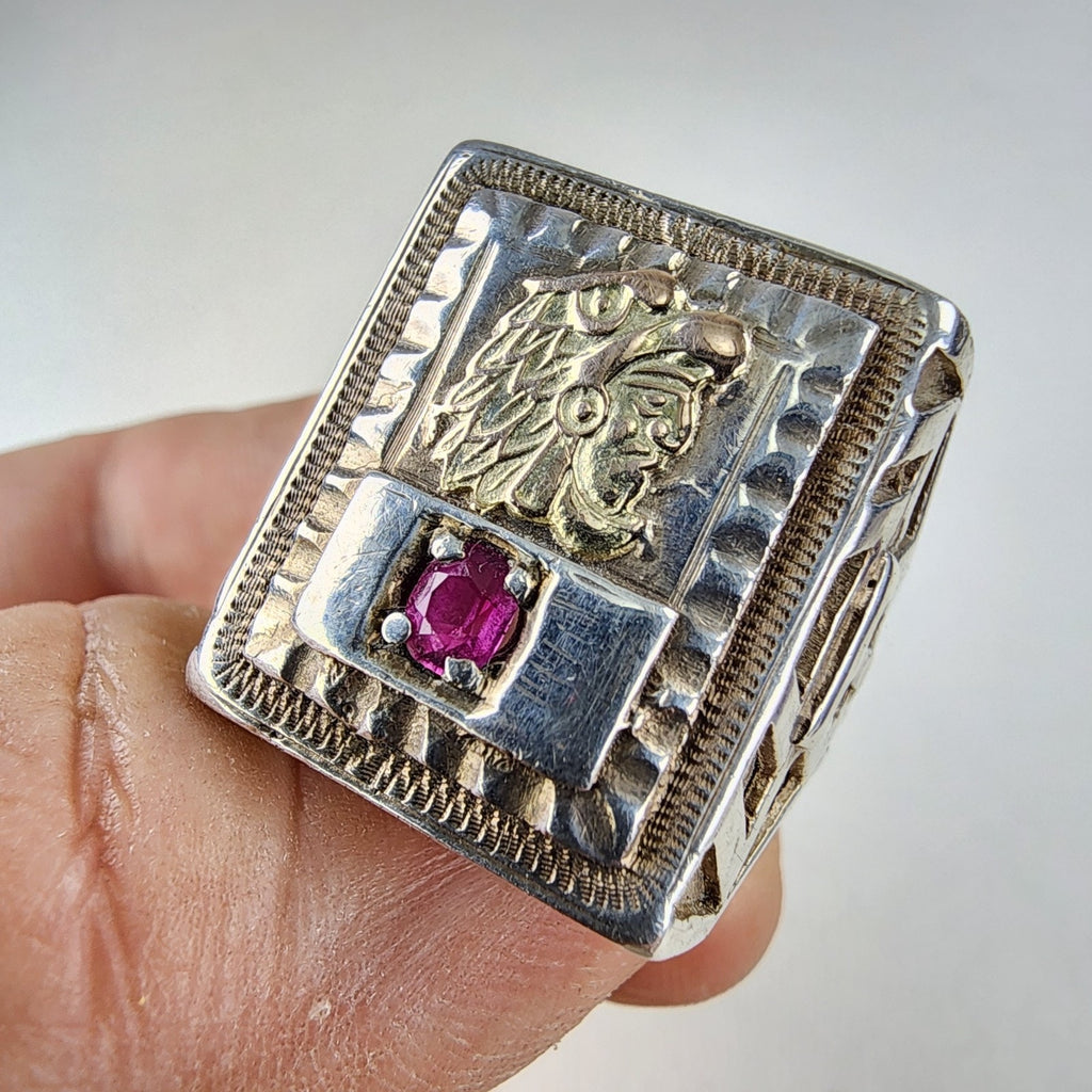 10K Gold Ruby Mayan Warrior Mexican Biker Ring Size 11 Sterling Silver 925