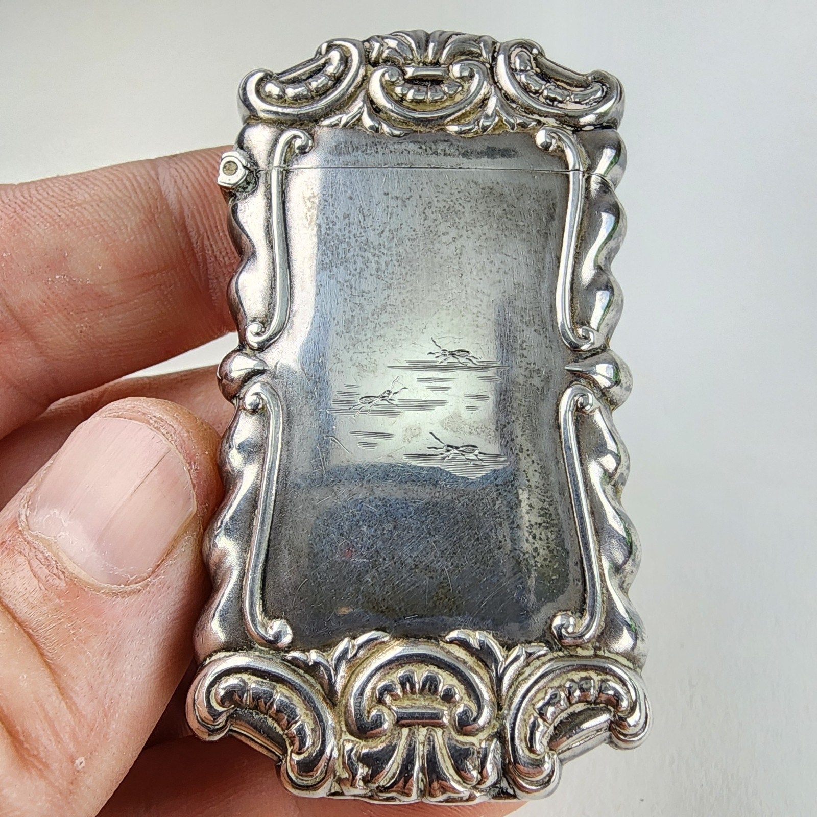 Art Nouveau Match Safe Sterling Silver 925 Engraved Frank & Insects Antique