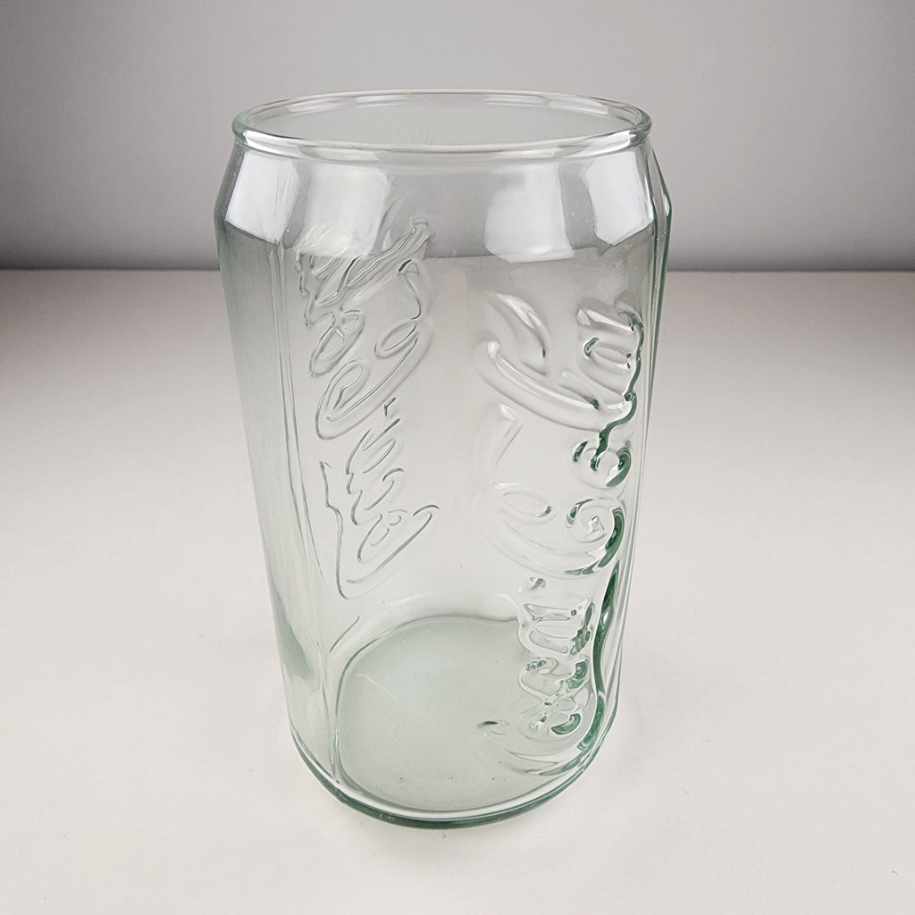 Coca Cola Can Shaped Classic Light Green Embossed Glass Tumbler 4 3/4" Tall