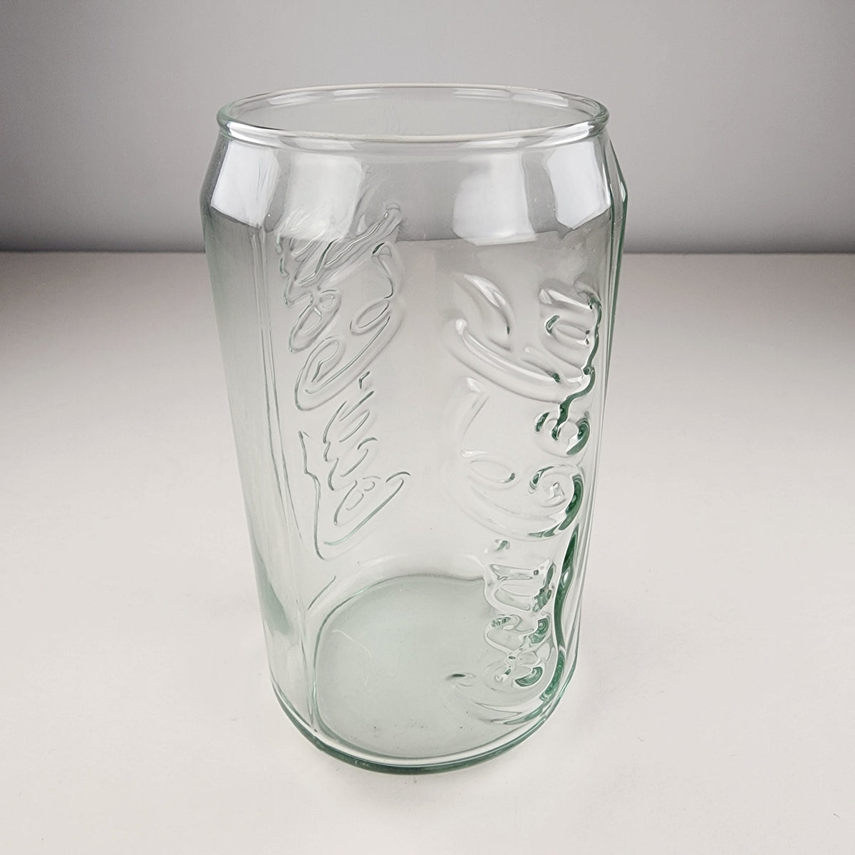 Coca Cola Can Shaped Classic Light Green Embossed Glass Tumbler 4 3/4" Tall