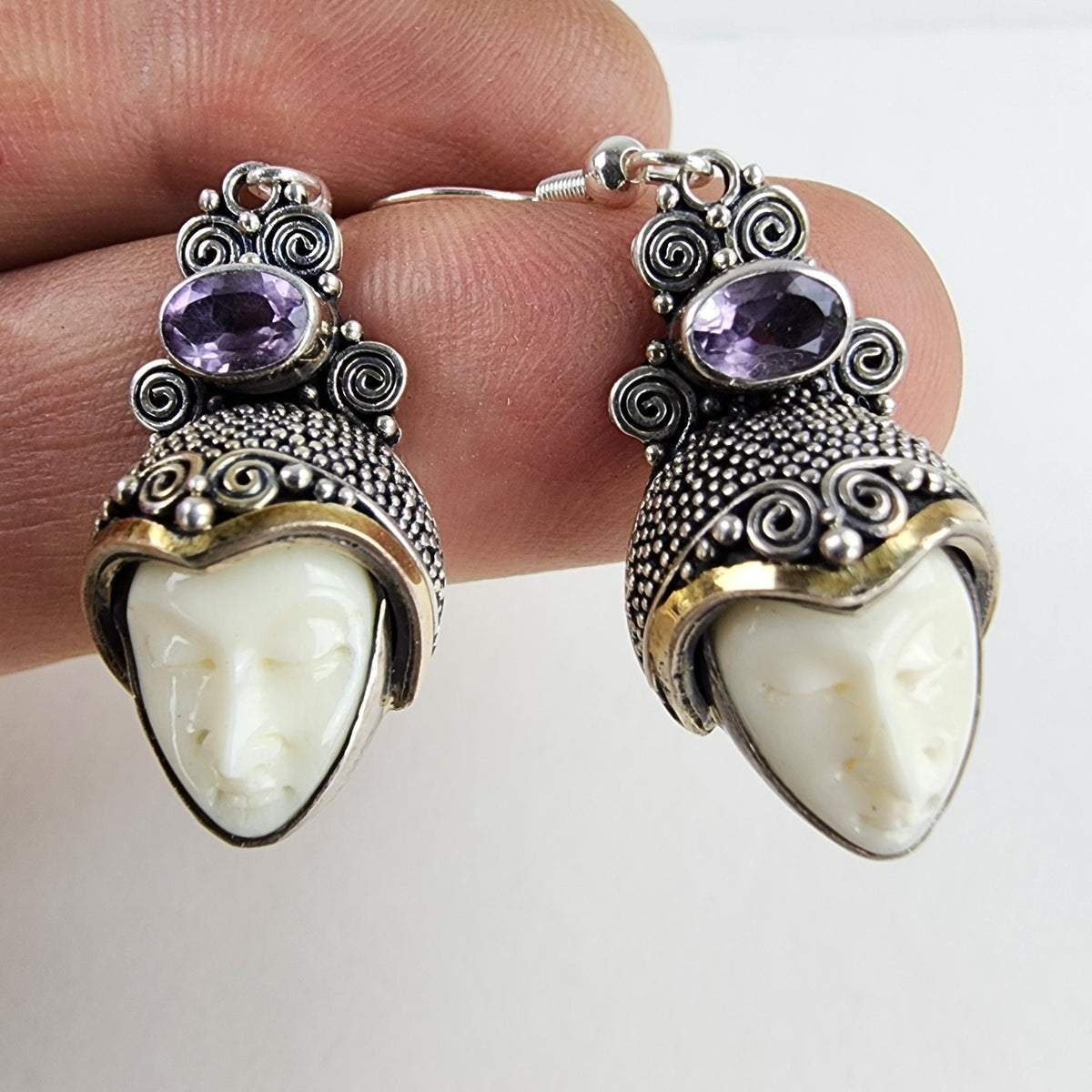 14K Yellow Gold Amethyst Face Earrings Sterling Silver 925 Vintage Beaded