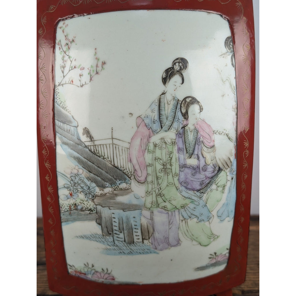 Chinese Porcelain Shard Red Lacquer Box Paper Mache